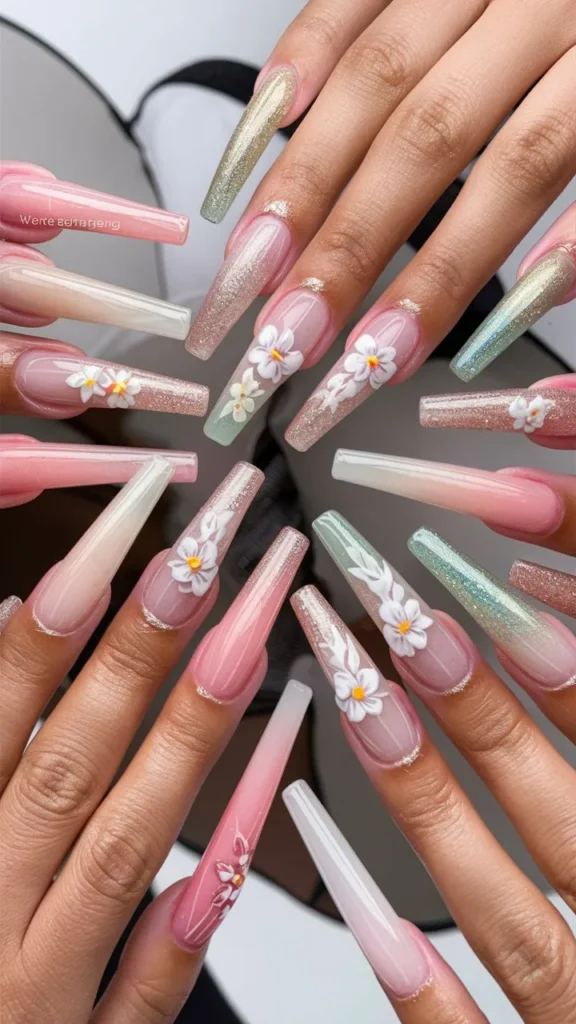 30+ Images of Cute Long Acrylic Nails Ideas with Flowers