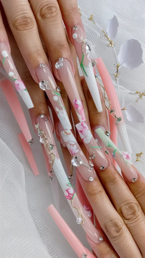 30+ Images of Cute Long Acrylic Nails Ideas with Flowers