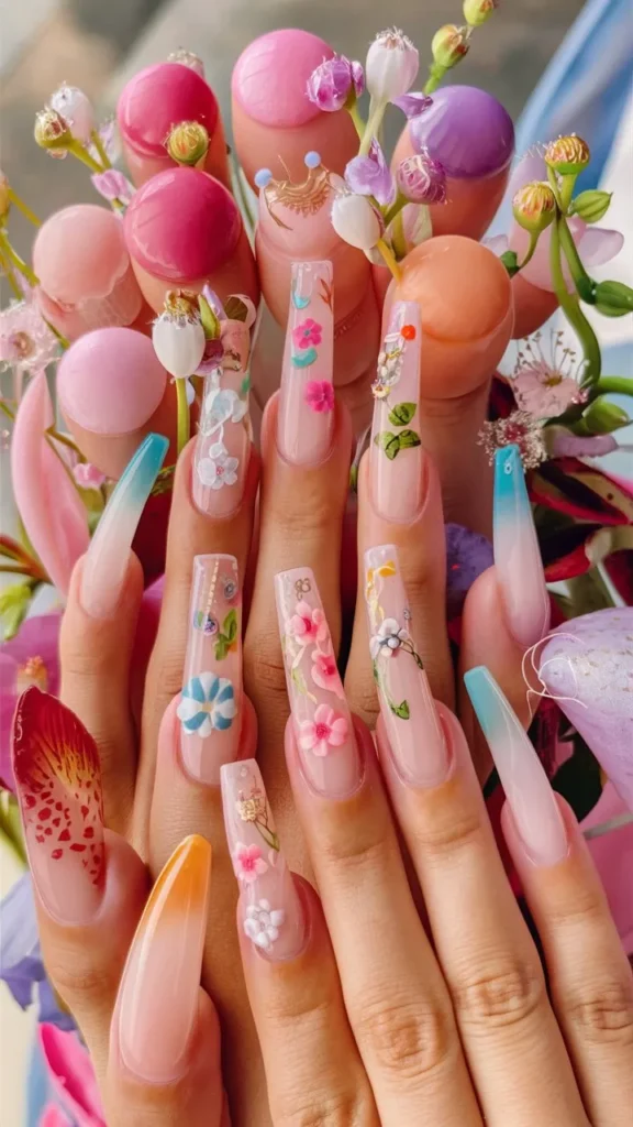 30+ Images of Cute Long Acrylic Nails Ideas with Flowers