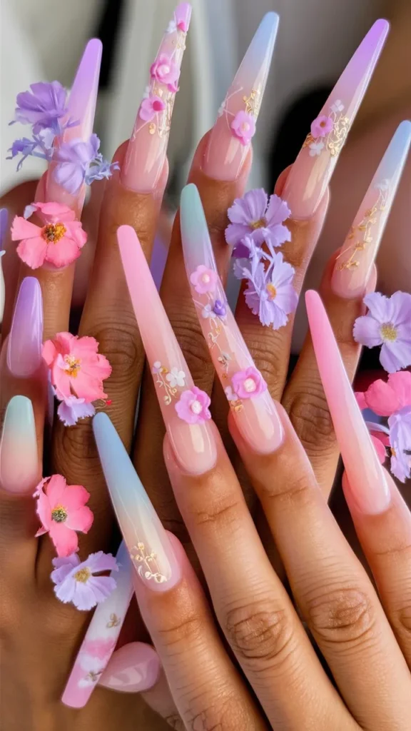 30+ Images of Cute Long Acrylic Nails Ideas with Flowers