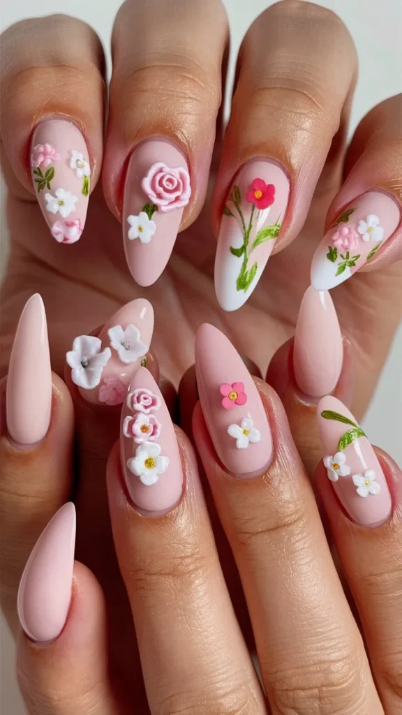 30+ Images of Cute Long Acrylic Nails Ideas with Flowers