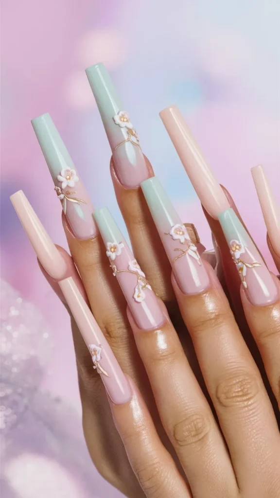 30+ Images of Cute Long Acrylic Nails Ideas with Flowers