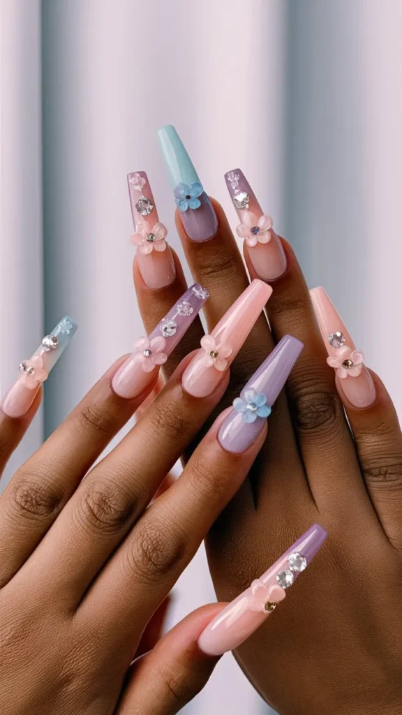 30+ Images of Cute Long Acrylic Nails Ideas with Flowers