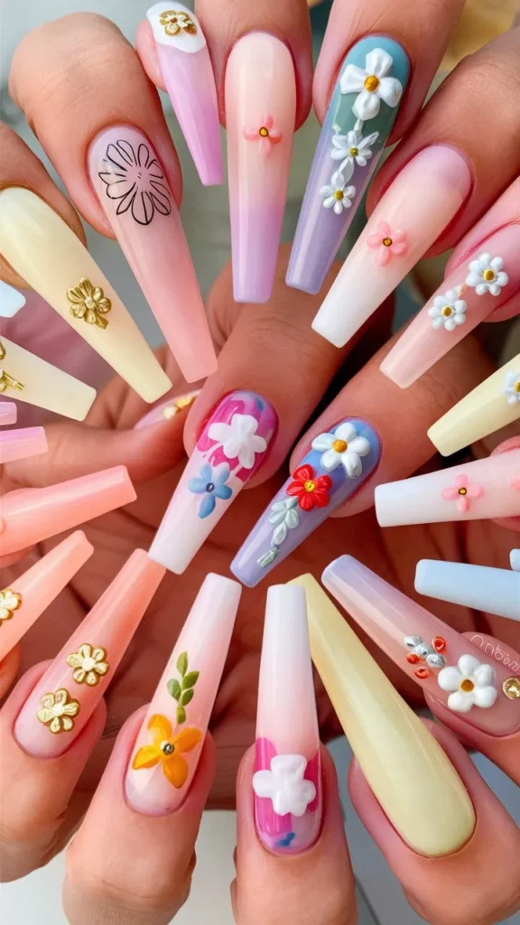 30+ Images of Cute Long Acrylic Nails Ideas with Flowers