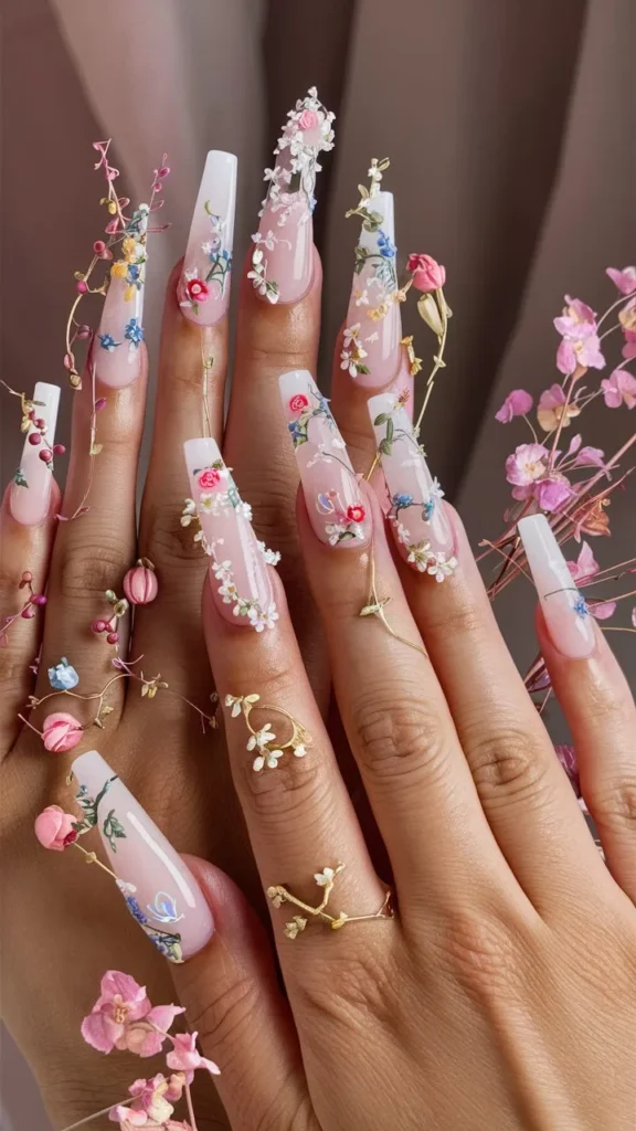 30+ Images of Cute Long Acrylic Nails Ideas with Flowers