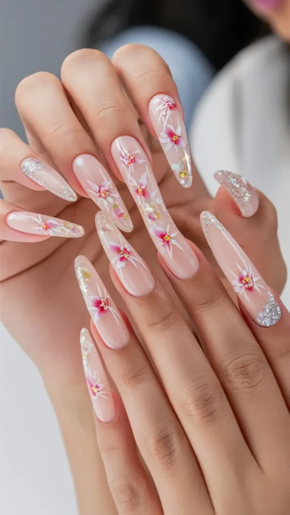 30+ Images of Cute Long Acrylic Nails Ideas with Flowers