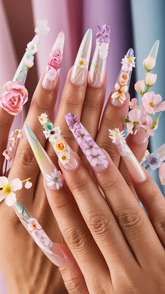 30+ Images of Cute Long Acrylic Nails Ideas with Flowers