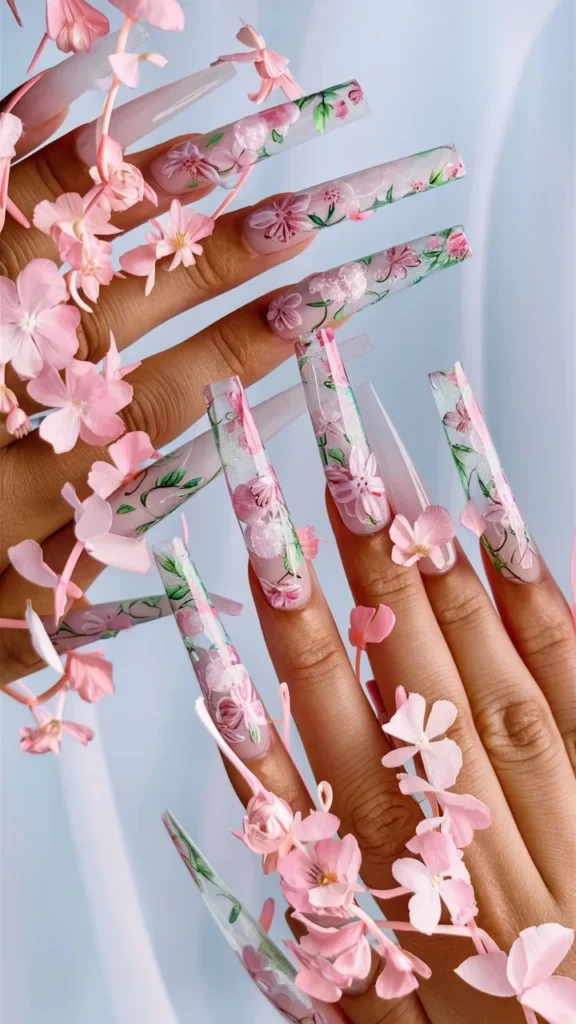 30+ Images of Cute Long Acrylic Nails Ideas with Flowers