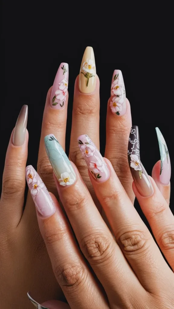 30+ Images of Cute Long Acrylic Nails Ideas with Flowers