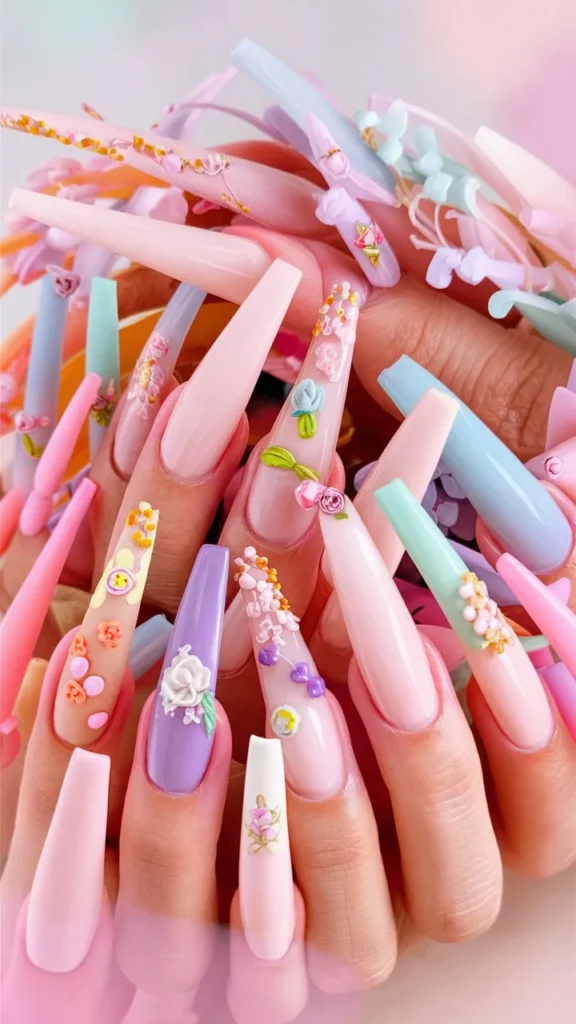 30+ Images of Cute Long Acrylic Nails Ideas with Flowers