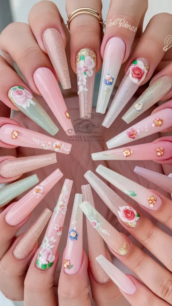 30+ Images of Cute Long Acrylic Nails Ideas with Flowers