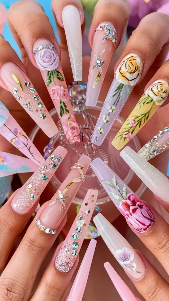 30+ Images of Cute Long Acrylic Nails Ideas with Flowers