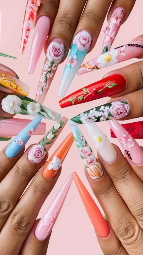 30+ Images of Cute Long Acrylic Nails Ideas with Flowers