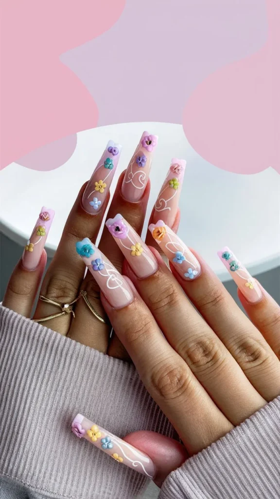 30+ Images of Cute Long Acrylic Nails Ideas with Flowers